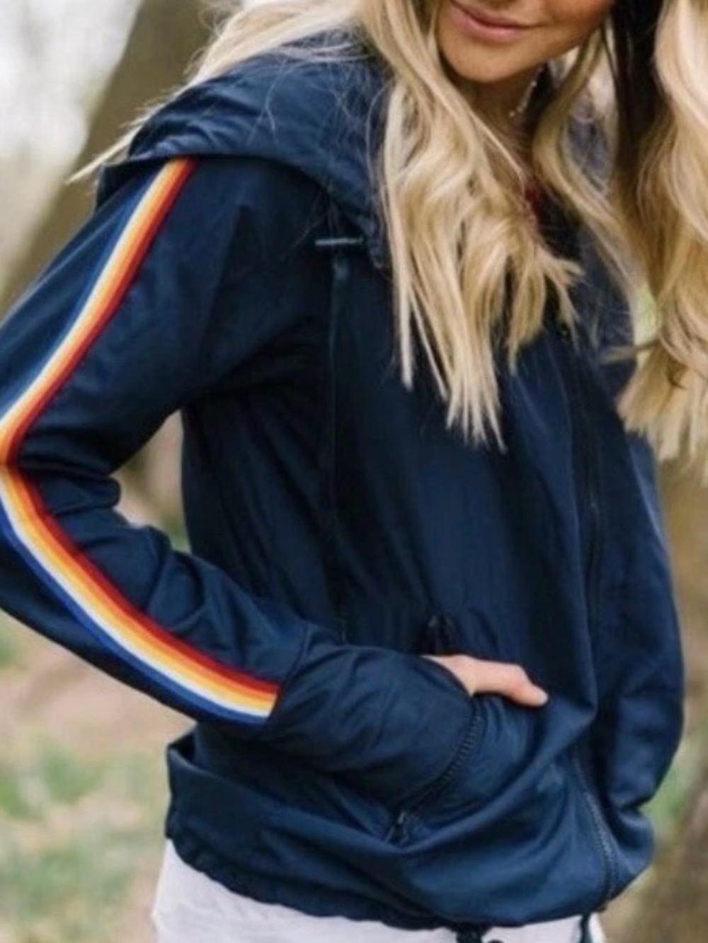 ZYIA Navy Runners Hoodie Jacket with Multicolor Stripe Sleeves women sz Lg